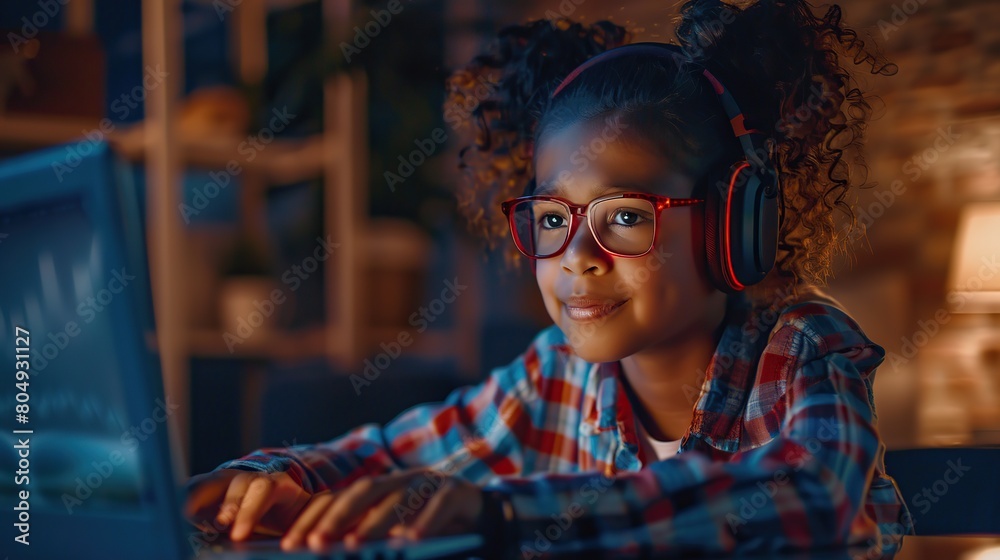 Happy schoolgirl doing homework at home. During pandemic or travel children continue learning process. Mixed-race KId receive assignments from teachers via laptop and headphones. Happy schoolgirl doing homework at home. During pandemic or travel children continue learning process. Mixed-race KId receive assignments from teachers via laptop and headphones.