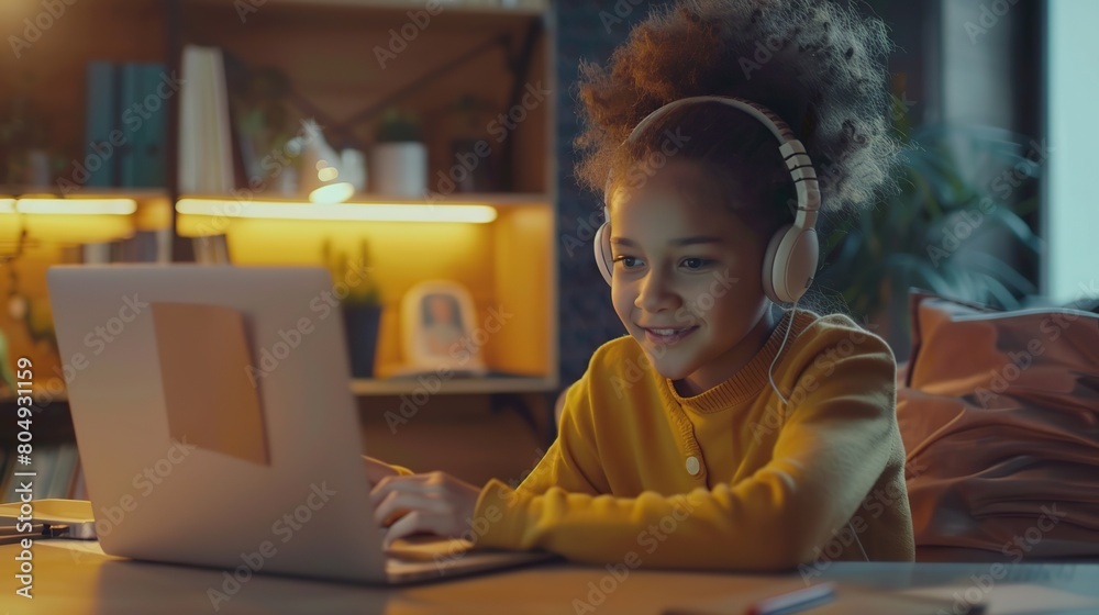 Happy schoolgirl doing homework at home. During pandemic or travel children continue learning process. Mixed-race KId receive assignments from teachers via laptop and headphones. Happy schoolgirl doing homework at home. During pandemic or travel children continue learning process. Mixed-race KId receive assignments from teachers via laptop and headphones.