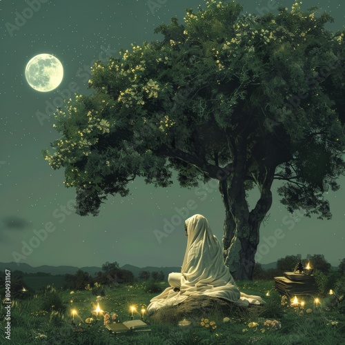 Indian guru in white clothes meditates under a tree with moonlight. Night scene with Indian guru and oil lamps for spirituality.