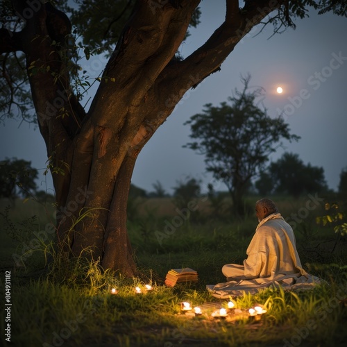 Indian guru in white clothes meditates under a tree with moonlight. Night scene with Indian guru and oil lamps for spirituality.