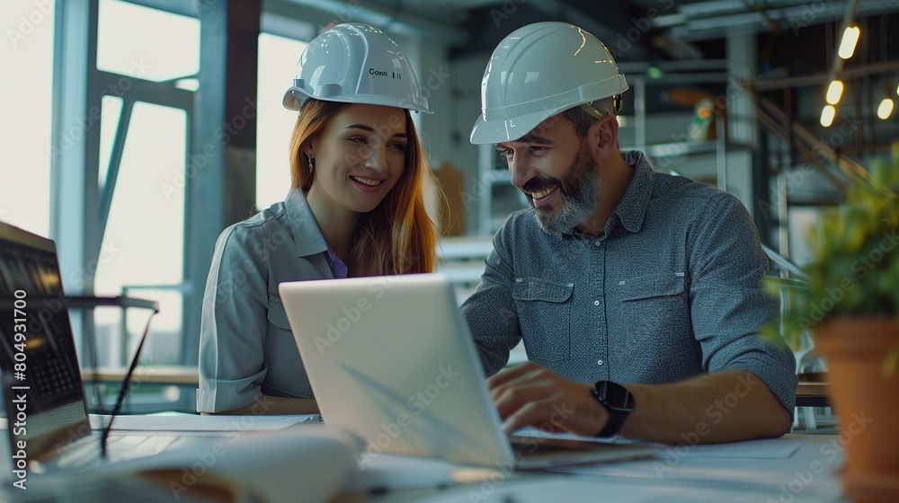 Man builder, architect or construction worker in a hardhat and uniform workwear meeting with a happy young woman and showing her a house building plan on a modern laptop computer. Man builder, architect or construction worker in a hardhat and uniform workwear meeting with a happy young woman and showing her a house building plan on a modern laptop computer.