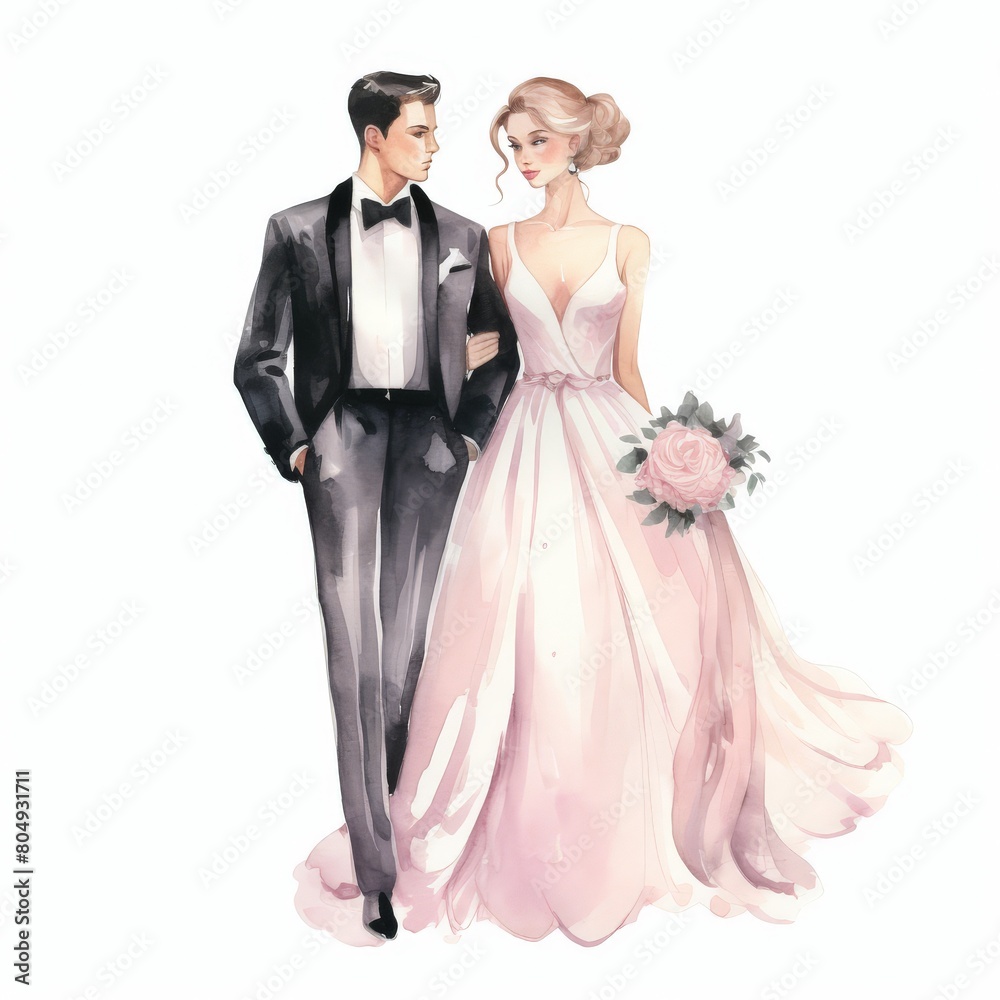 bride and groom - watercolor illustration on white background