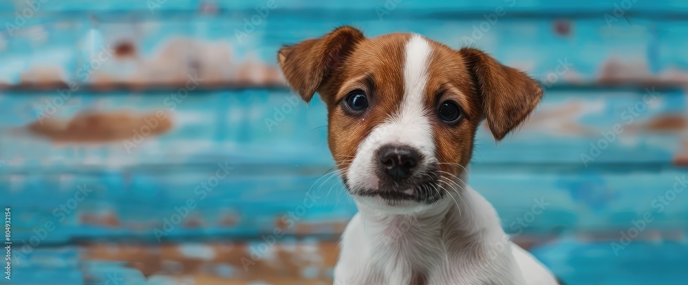 portrait of a little puppy Jack Russell Terrier dog on the background of blue boards with a snow branch