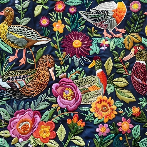 embroidery, ducks and fowers tile seamless background photo