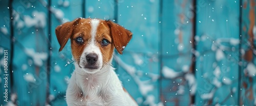 portrait of a little puppy Jack Russell Terrier dog on the background of blue boards with a snow branch photo