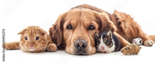 Portrait of dog And a kitten And guinea pig on white background