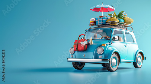 A 3D-rendered blue car loaded with luggage and beach accessories  blue background  summer travel beach vacations