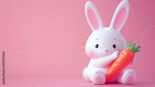 Front view of white cute baby holland lop rabbit standing on pink  background. Lovely action of young rabbit. Red bunny rabbit portrait looking front wish to viewer on white background. Funny bunny.