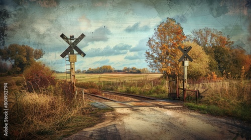 A serene, rural setting featuring an unguarded railway crossing with a single track passing through farmlands and meadows.

 photo