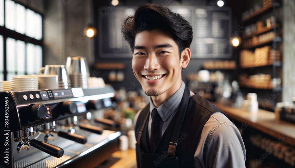 joyful Asian hipster man barista, with smile that reflects the welcoming nature