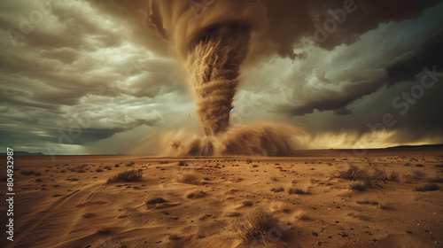 The tornado hit the desert with terrible force, the sand flying in the air formed a cloud of dust that blocked the view, Ai generated Images