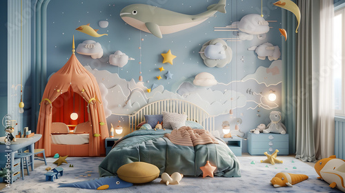Children’s bedroom , sea themed room with a boat shaped bed, tent, and marine decorations suspended in the air,  playful joy cozy