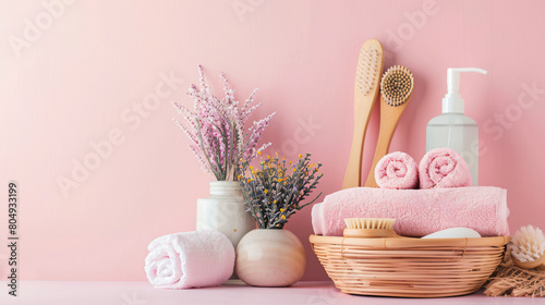 Composition with different bath accessories on pink background