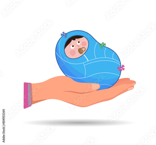 A large hand holds a newborn baby. A greeting card for a newborn. Vector illustration