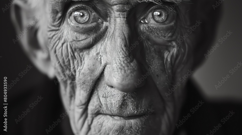 Monochrome portrait of an elderly man, focusing on the deep lines and wise eyes