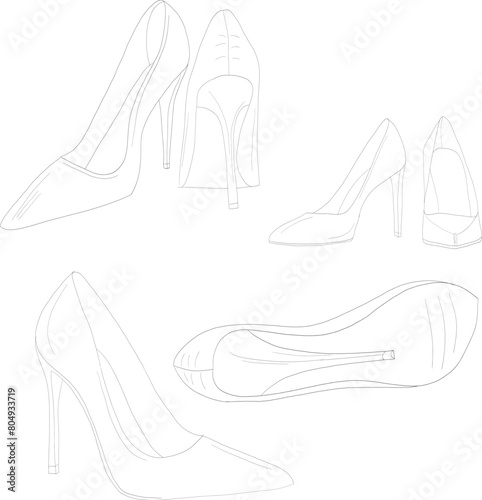 Set of footwear and Shoes, high heels line Art & Illustration
