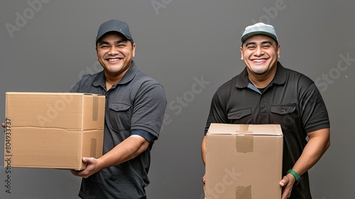 Portrait captures the teamwork of two men, professional movers, carrying cardboard boxes during an office or home relocation. Smiles reflect the friendly service provided in the process of moving. photo