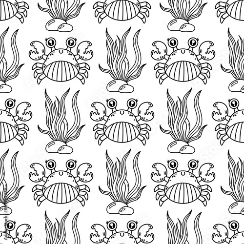 Funny crab seamless vector pattern. Aquatic animal in a shell  with claws. An ocean creature swims on the seabed among seaweed. Coloring book for kids. Hand drawn outline  marine background