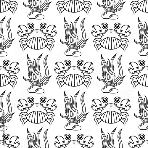 Funny crab seamless vector pattern. Aquatic animal in a shell, with claws. An ocean creature swims on the seabed among seaweed. Coloring book for kids. Hand drawn outline, marine background