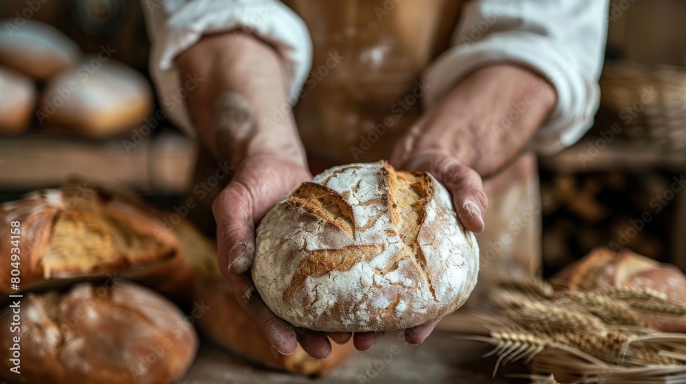Baker hands holding fresh bread on a wooden table with baked loaves in the background.