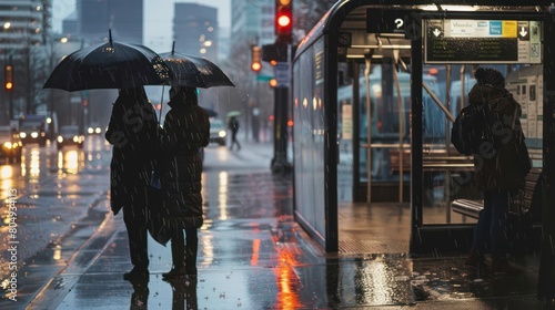 Two people wait under an umbrella at a bus stop during a rainy evening in a bustling city Glowing lights reflect on wet surfaces photo