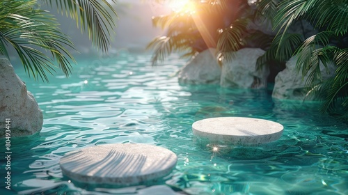 White podium stand in swimming pool water with palm leaves. Summer tropical background