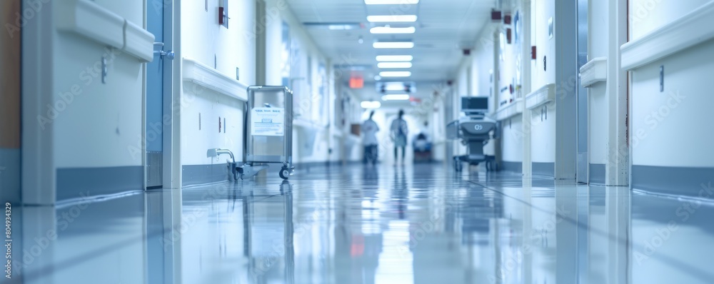 An empty hospital hall and blurry hospital corridor invoking urgency An empty hospital hall and blurry hospital corridor invoking urgency
