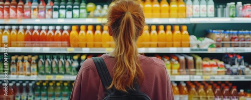 A woman is seen from the back, contemplating choices in a grocery store aisle filled with various products.