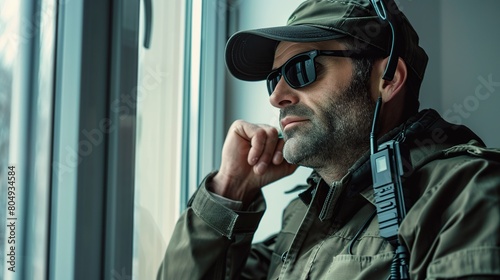 Security guard man in uniform cap  jacket and sunglasses is standing by window inside house and talking on portable wireless two way walkie talkie transceiver radio set device. copy space for text.