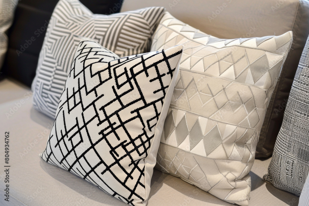 A set of modern geometric throw pillows with monochromatic patterns or subtle textures, arranged on a neutral-colored sofa, adding depth and sophistication to the decor. A set of modern geometric throw pillows with monochromatic patterns or subtle textures, arranged on a neutral-colored sofa, adding depth and sophistication to the decor.