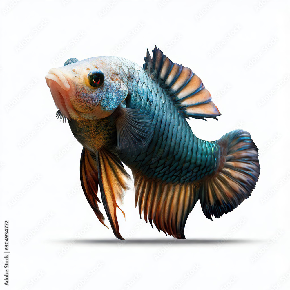 Fototapeta premium an isolated colorful fish on a white background, created with AI technology. 