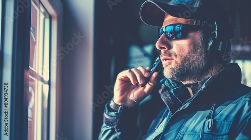 Security guard man in uniform cap, jacket and sunglasses is standing by window inside house and talking on portable wireless two way walkie talkie transceiver radio set device. copy space for text. photo