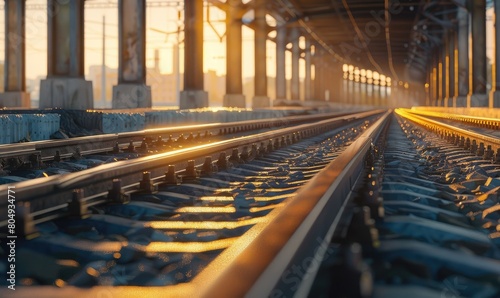 Golden hour sunlight basks the railway with a train positioned, creating a feel of journey and adventure.