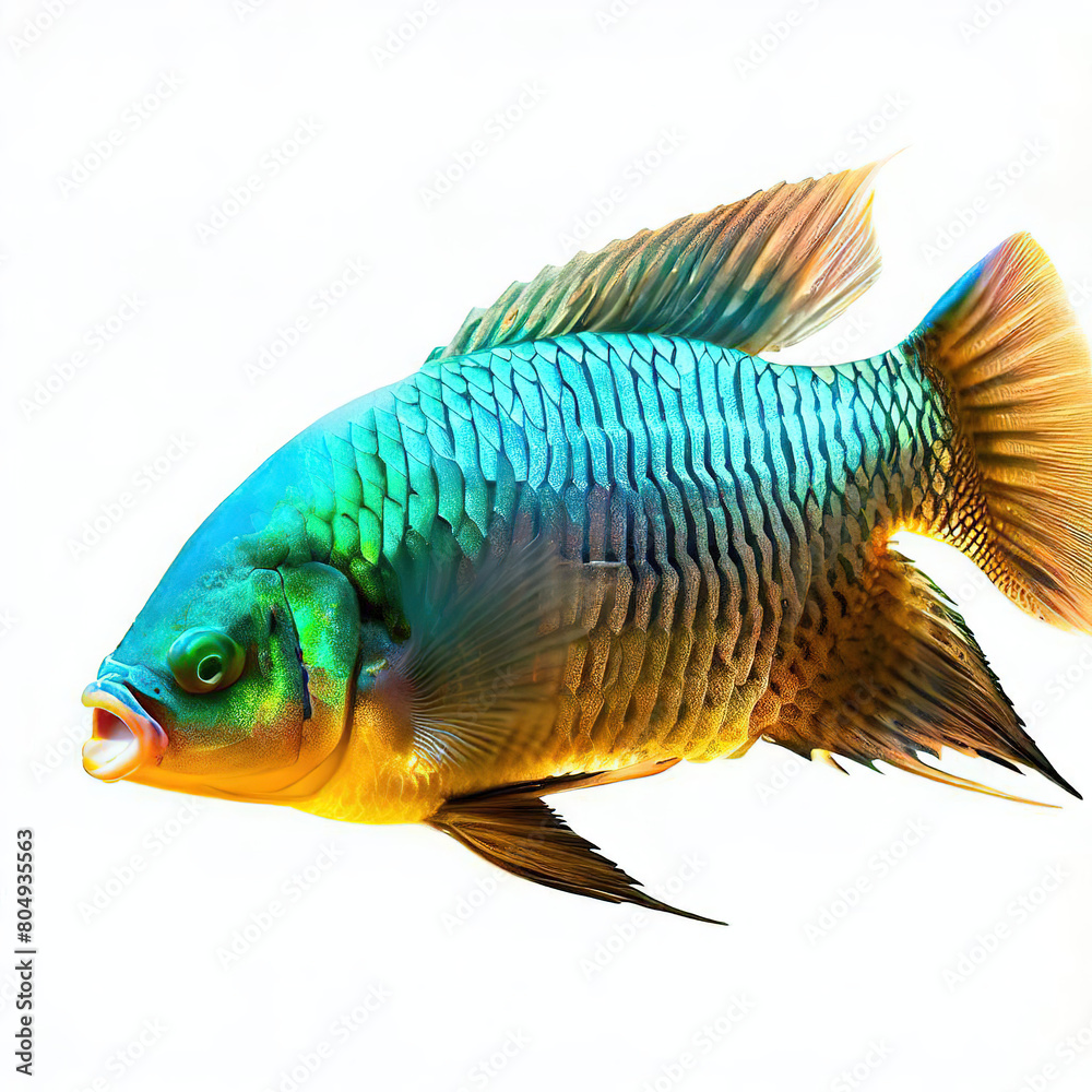 Fototapeta premium an isolated colorful fish on a white background, created with AI technology. 