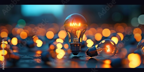 A group of light bulbs of different shapes and sizes arranged neatly on top of a table. The bulbs are turned off, resting on the surface against a background design wallpaper photo