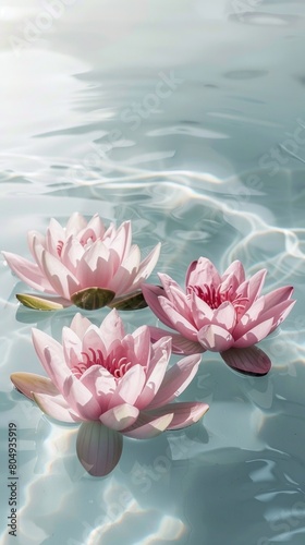Three pink lotus flowers grace the waters surface