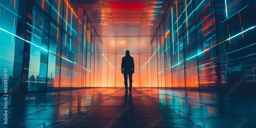 A person is standing in a hallway illuminated by vibrant neon lights. The background design adds to the futuristic and urban atmosphere of the scene A person is standing in a hallway illuminated by vibrant neon lights. The background design adds to the futuristic and urban atmosphere of the scene