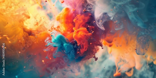 Vibrant colors of paint are mixing with water, creating a dynamic and expressive visual effect. The merging liquids form unique patterns and textures against a background design