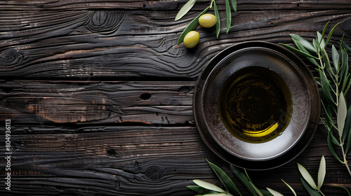Plate of fresh olive oil on dark wooden table photo