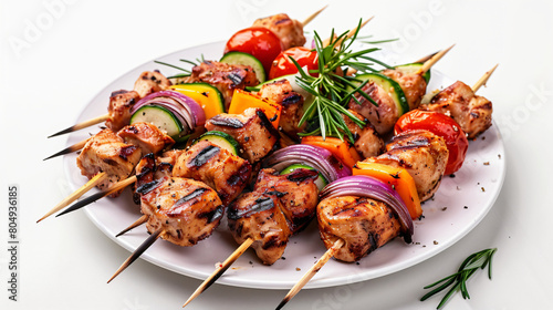 Plate of grilled chicken skewers with vegetables isola photo