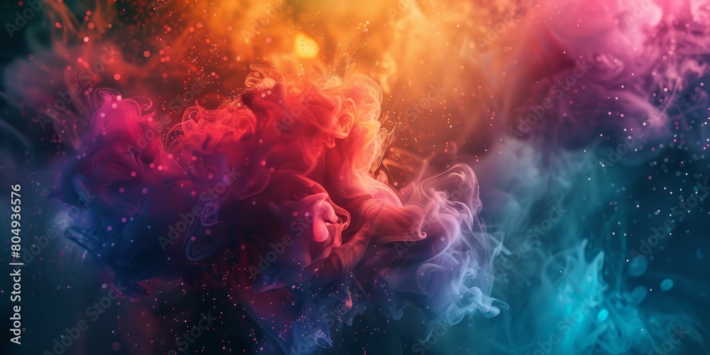 Fototapeta premium A vibrant multicolored cloud of smoke gracefully floats in the air, creating an eye-catching background design. The swirling colors form a mesmerizing pattern against a neutral backdrop