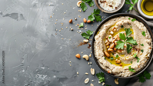 Plate of tasty baba ghanoush with oil and nuts on grey photo
