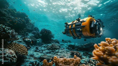 Underwater ROV Exploring Coral Reefs During Daytime. copy space for text. photo