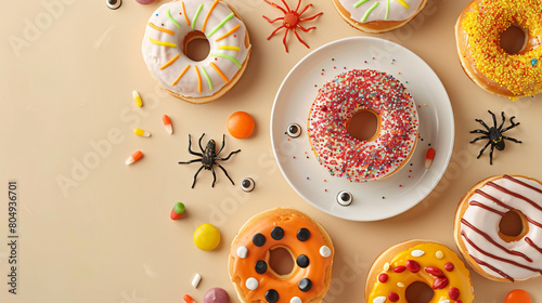 Plate of tasty donuts for Halloween with eyes spider