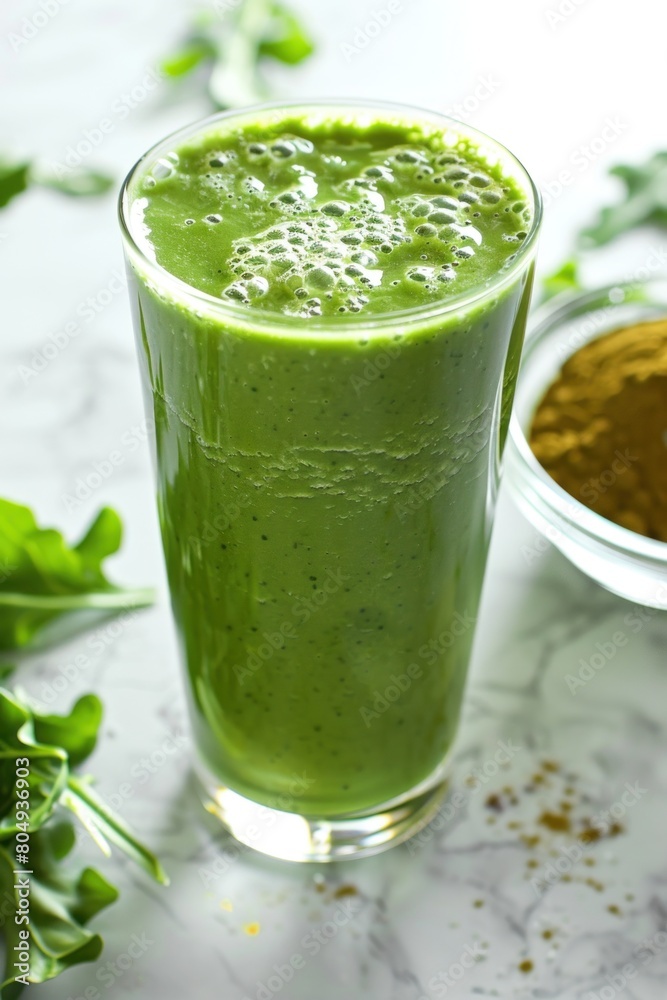 Close up of a healthy green juice made with plants and ingredients on a table Close up of a healthy green juice made with plants and ingredients on a table