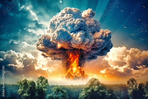 A colossal mushroom-like object floats ominously in the sky, defying gravity with its massive presence. Big Bang. War