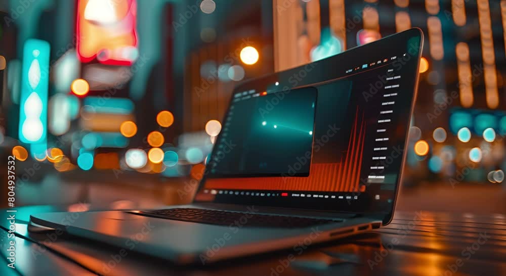 analyzing financial data on laptop with city background. modern business concept analyzing financial data on laptop with city background. modern business concept