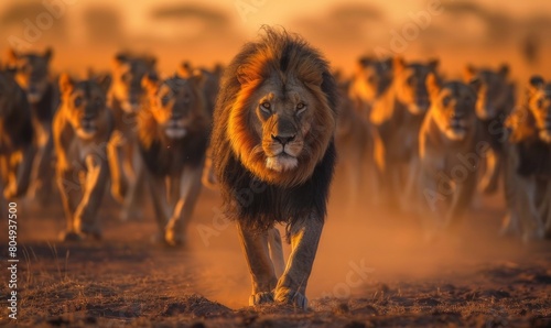 A majestic lion walking in front of an impressive group of lions  showcasing its strength and beauty under the dramatic light of dusk