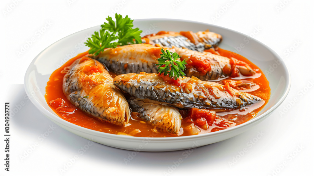 Plate with canned fish in tomato sauce isolated on white