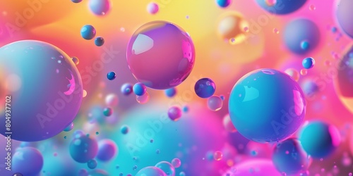 A group of bubbles are seen floating in the air, creating a whimsical and playful scene. The bubbles reflect light and colors as they drift upwards against a neutral background